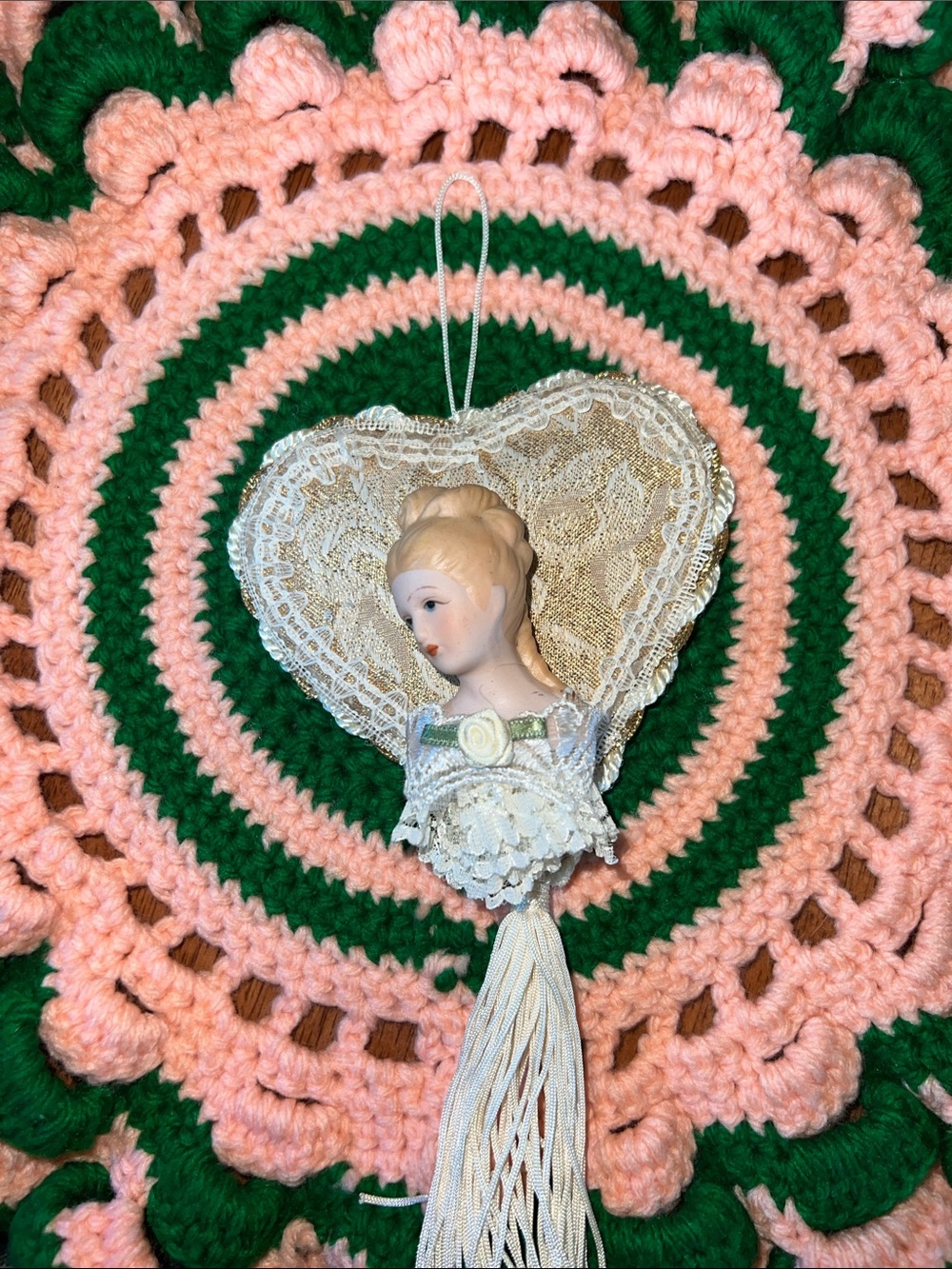 Vintage Victorian Porcelain Doll Head Heart Ornament